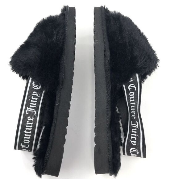Juicy Couture Black Fuzzy Faux Fur Peep Toe Signature Slippers - Picture 4 of 10